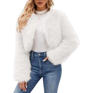 Women's White Gihuo Cropped Faux Fur Coat Open Front Fleece Winter Jacket